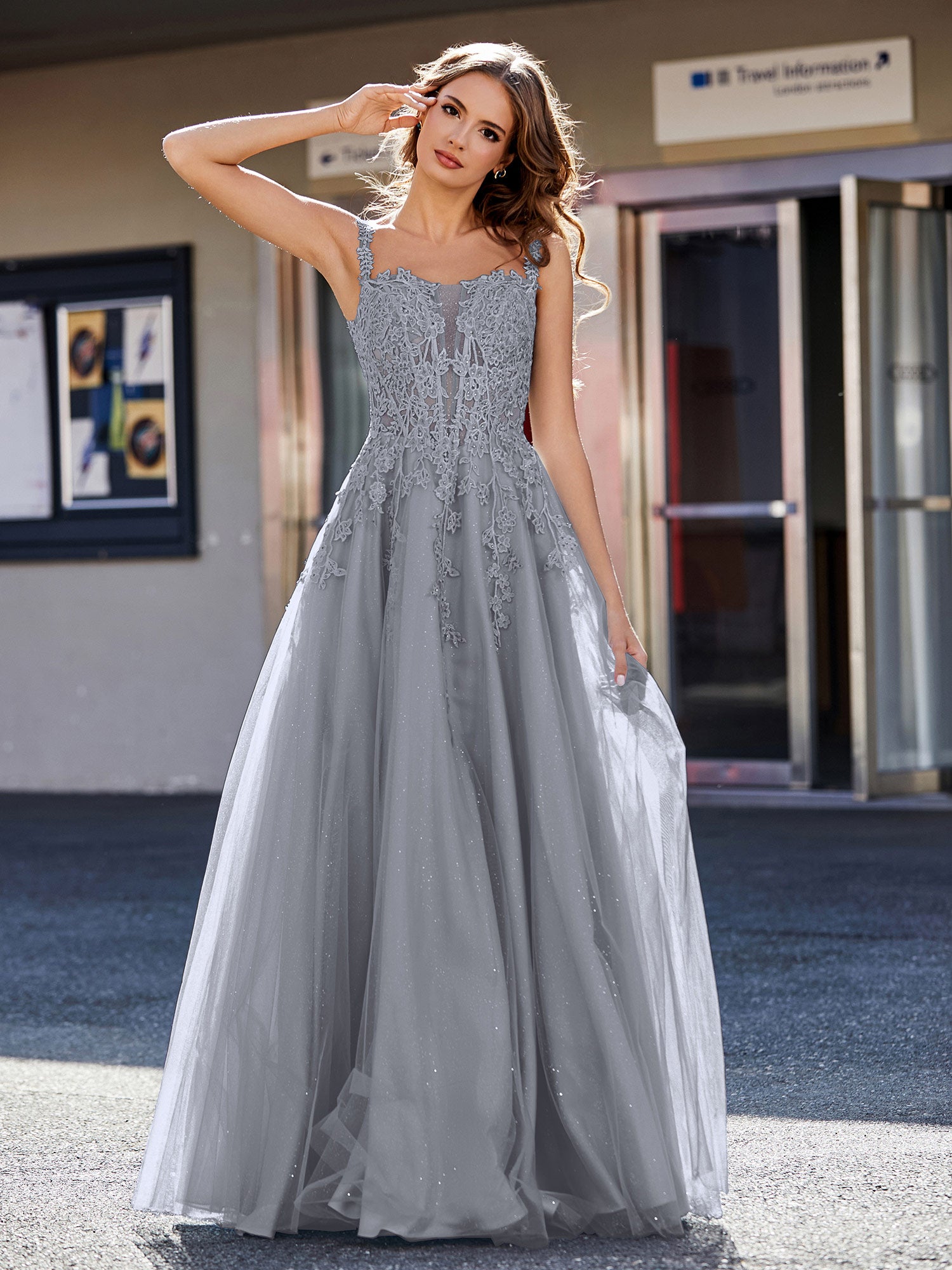 A-line Square Floor length Tulle Prom Dresses Steel Grey